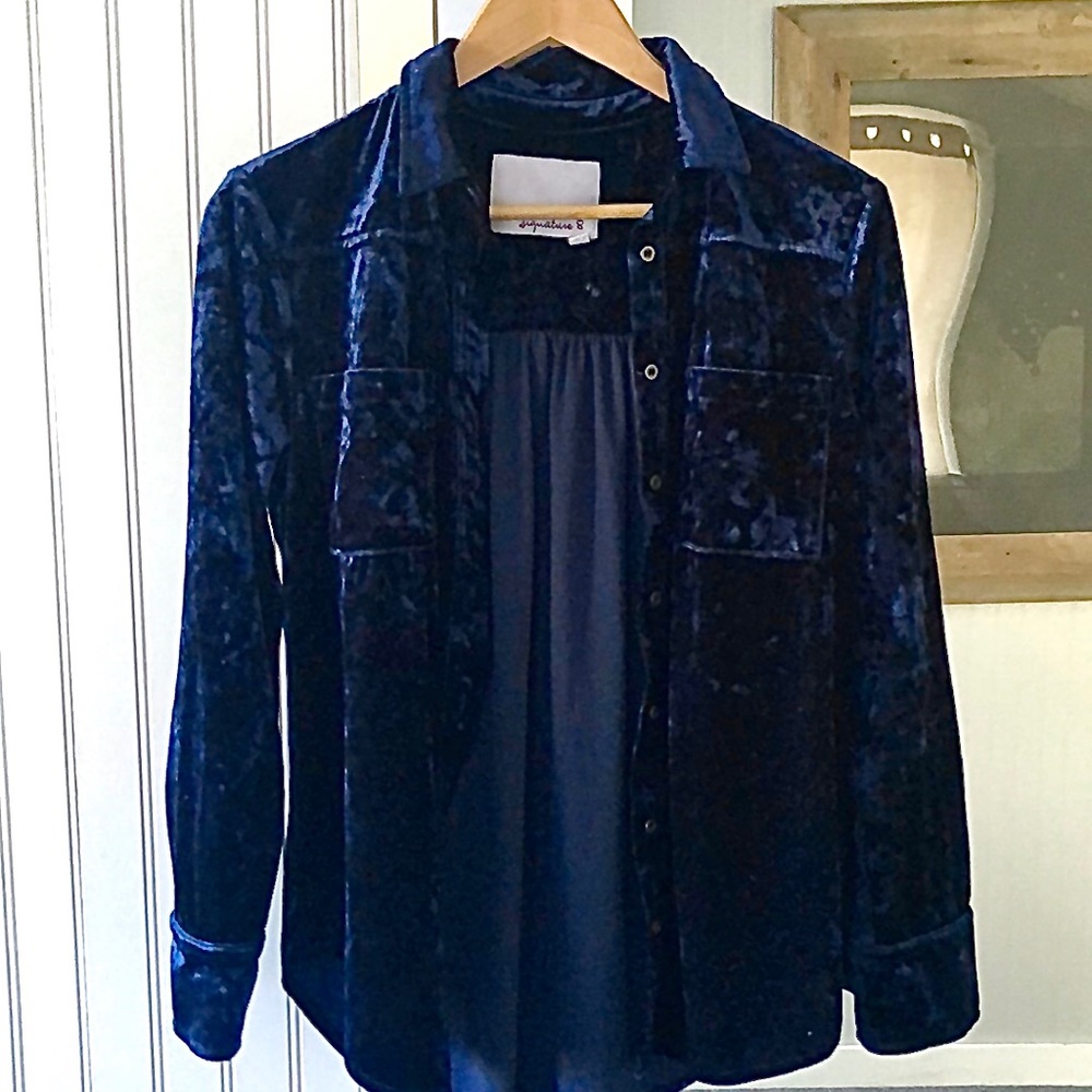 Crushed Velvet Blue Button-Down Top Long Sleeve